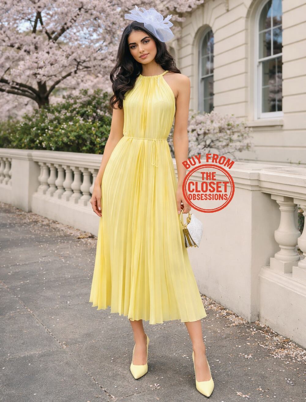 Mango NWT Butter Yellow Pleated Halter Midi Dress 8